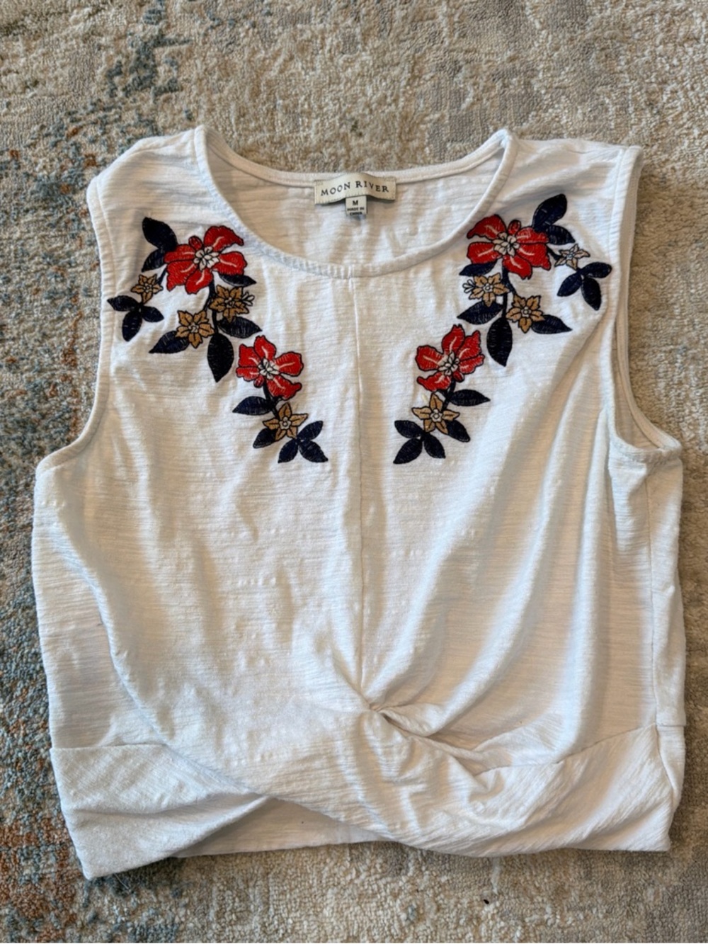 Moon River White Tank Top with Red & Navy Floral Embroidery